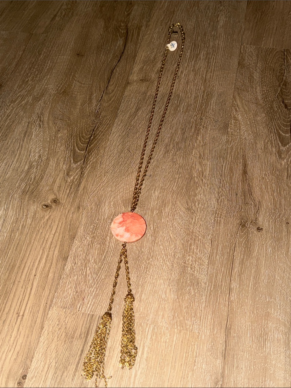 Gold-Tone Necklace with Coral Pink Disc and Tassel Drops